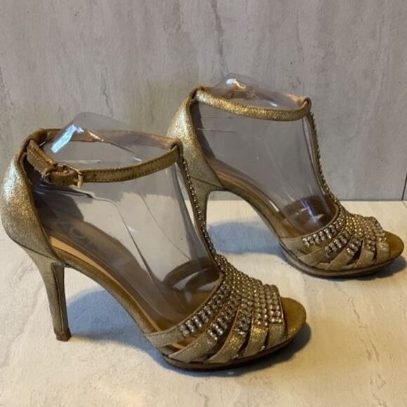 KORS Michael Kors Amaryn Gold Suede Rhinestone Bling Sexy Heels Size 8.5 Party - Picture 3 of 12